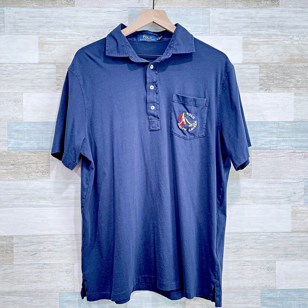 POLO Ralph Lauren Sailboat Logo Pocket Polo Shirt Navy Blue Sailing Mens Large